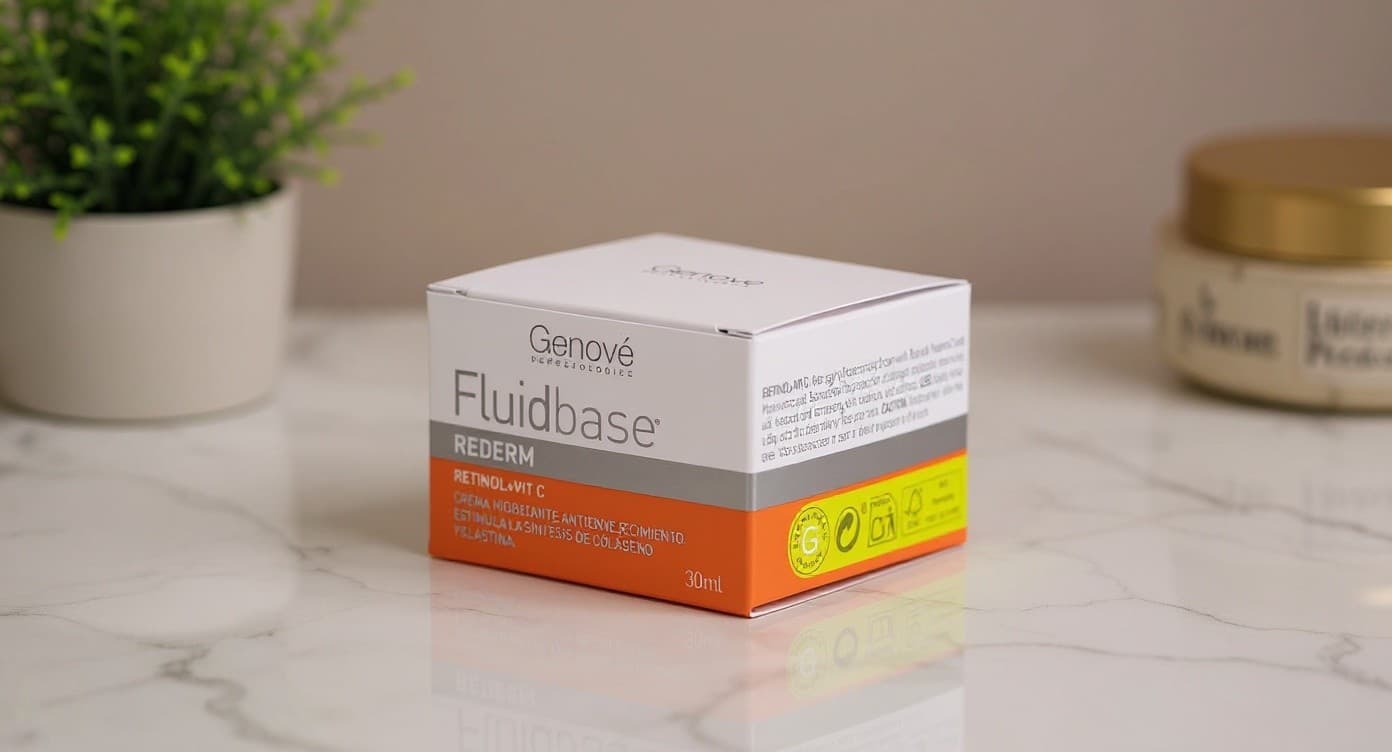 Frasco de sérum con retinol sobre superficie de mármol blanco con sombras suaves bajo luz natural editorial