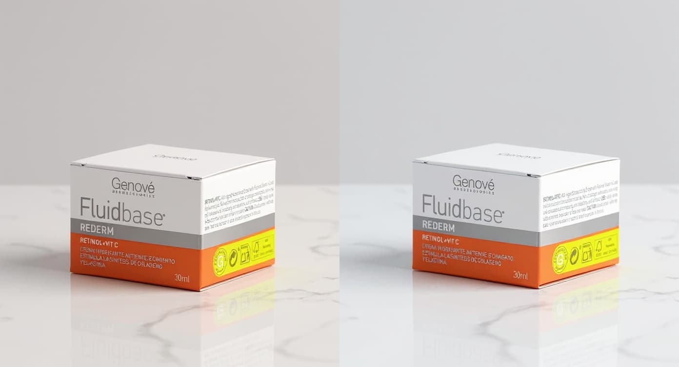 Frasco de sérum con retinol sobre superficie de mármol blanco con sombras suaves bajo luz natural editorial