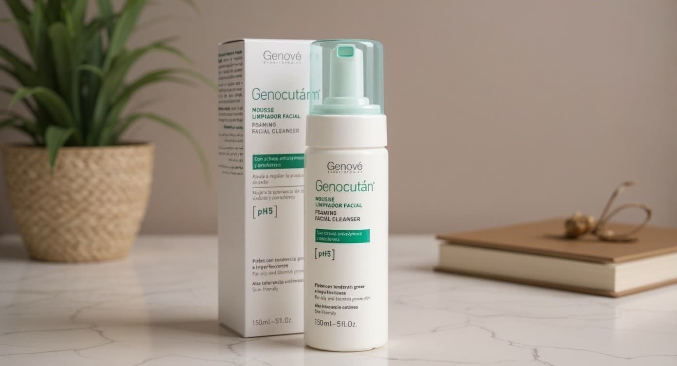 Frasco de mousse limpiador facial junto a paño de algodón blanco sobre superficie de mármol clara con luz natural suave