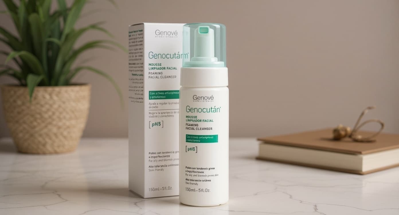 Frasco de mousse limpiador facial junto a paño de algodón blanco sobre superficie de mármol clara con luz natural suave