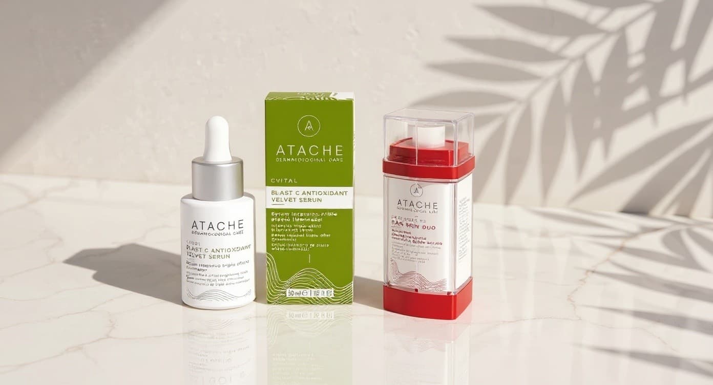 Composicion editorial dividida con rodajas de limon a la izquierda y frascos de skincare minimalista a la derecha sobre marmol blanco bajo luz natural