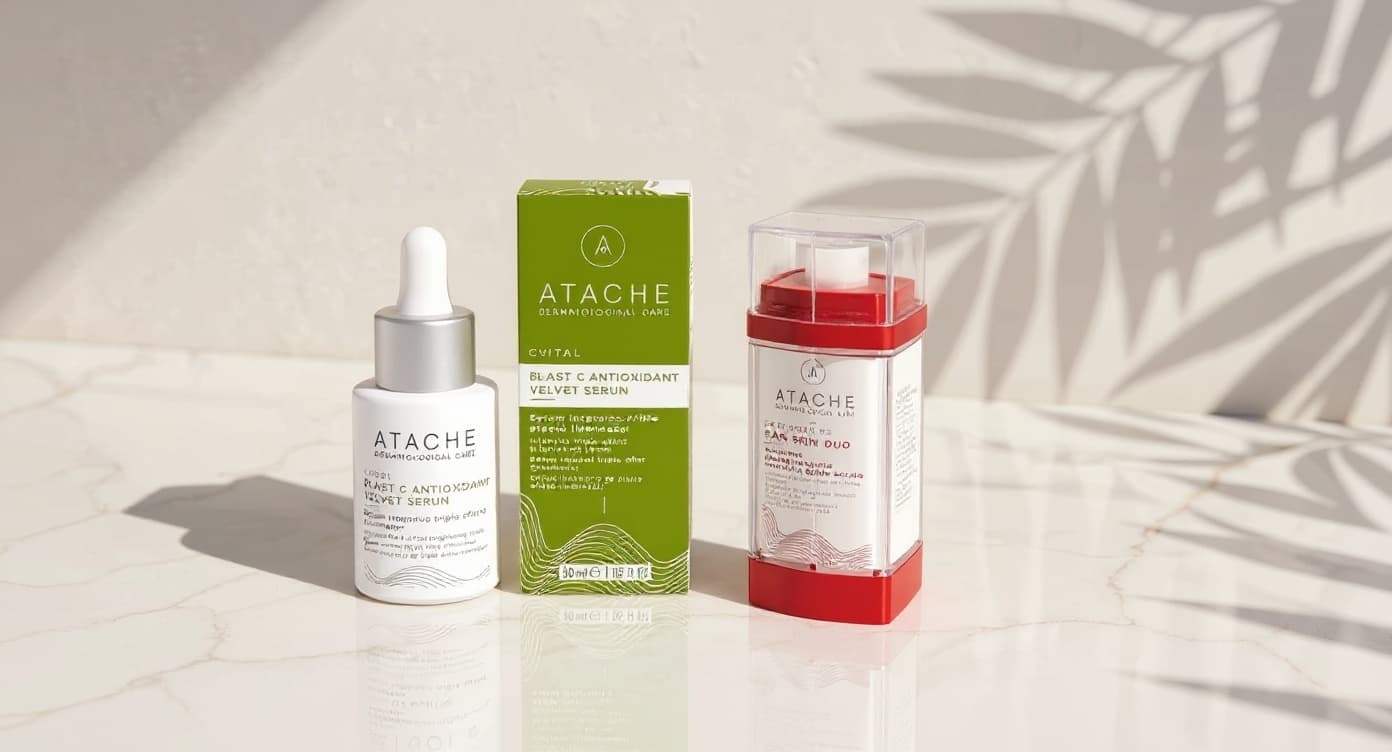 Composicion editorial dividida con rodajas de limon a la izquierda y frascos de skincare minimalista a la derecha sobre marmol blanco bajo luz natural