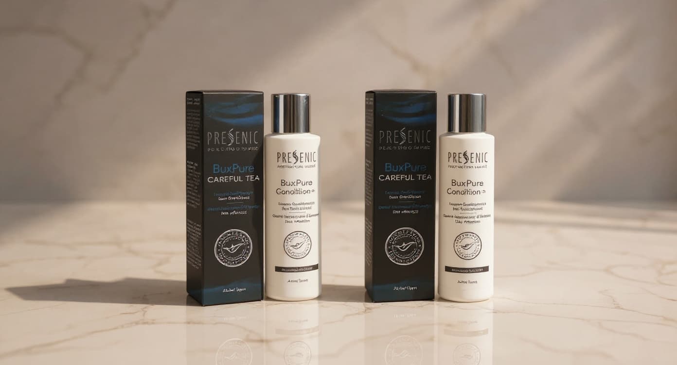 Base de maquillaje derramada sobre mármol blanco junto a brochas limpias y espejo redondo bajo luz natural suave