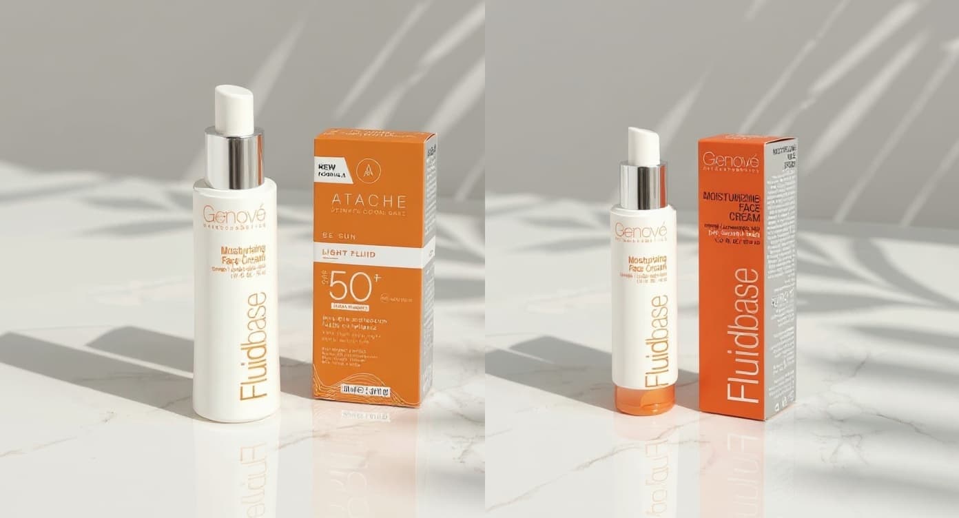 Dos productos de skincare para piel grasa y mixta sobre superficie de marmol blanco con luz natural suave.