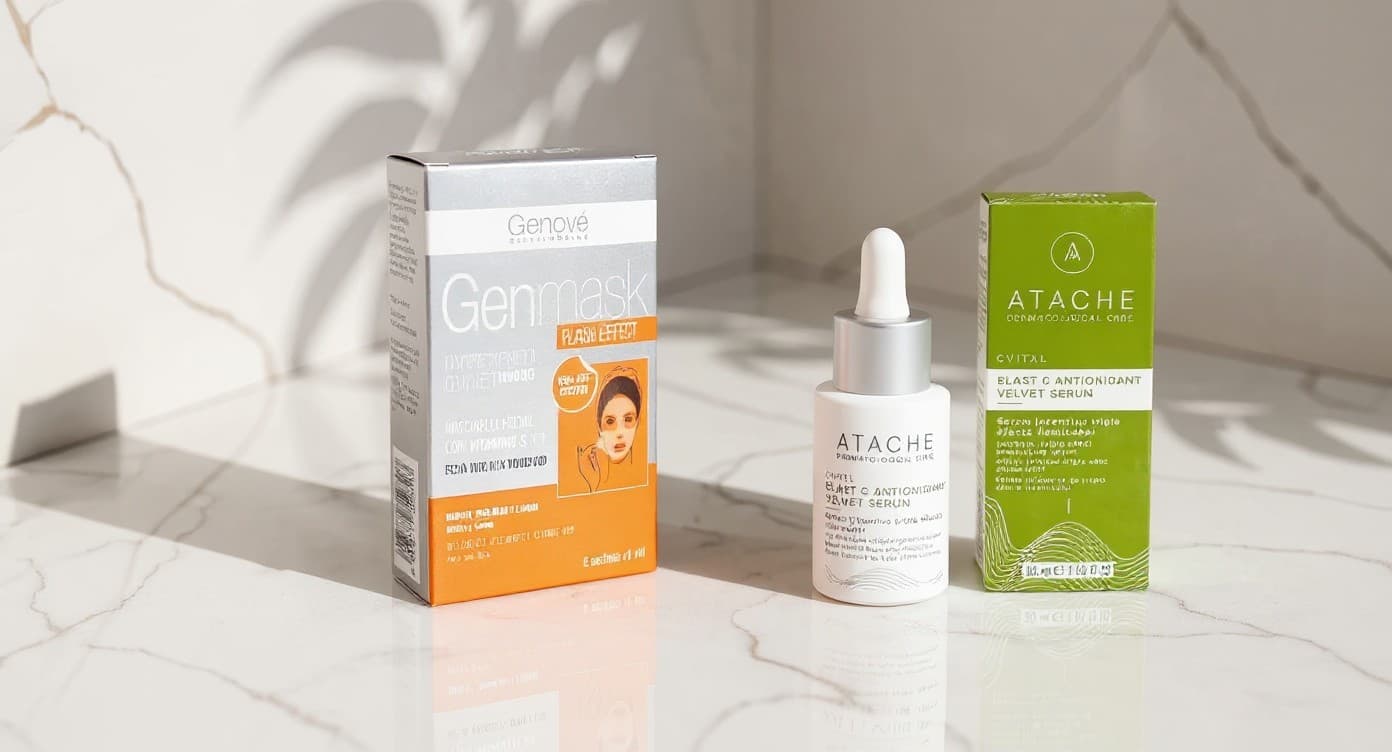 Dos productos de sérum de vitamina C sobre superficie de mármol blanco bajo luz natural cálida en composición editorial de dermocosmética
