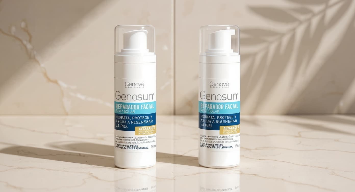 Serum antiedad en frasco ambar sobre marmol blanco con hojas desenfocadas y luz natural calida