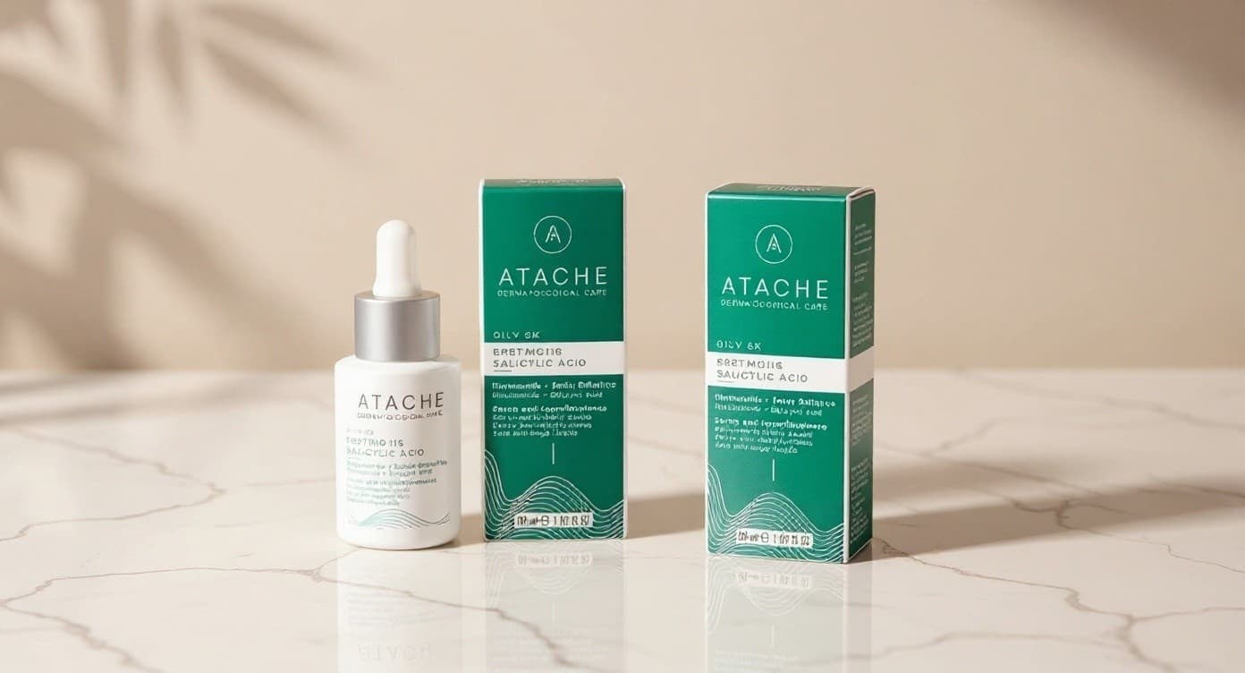 Dos frascos de sérum dermocosmético sobre superficie de mármol blanco bajo luz natural suave, composición editorial limpia