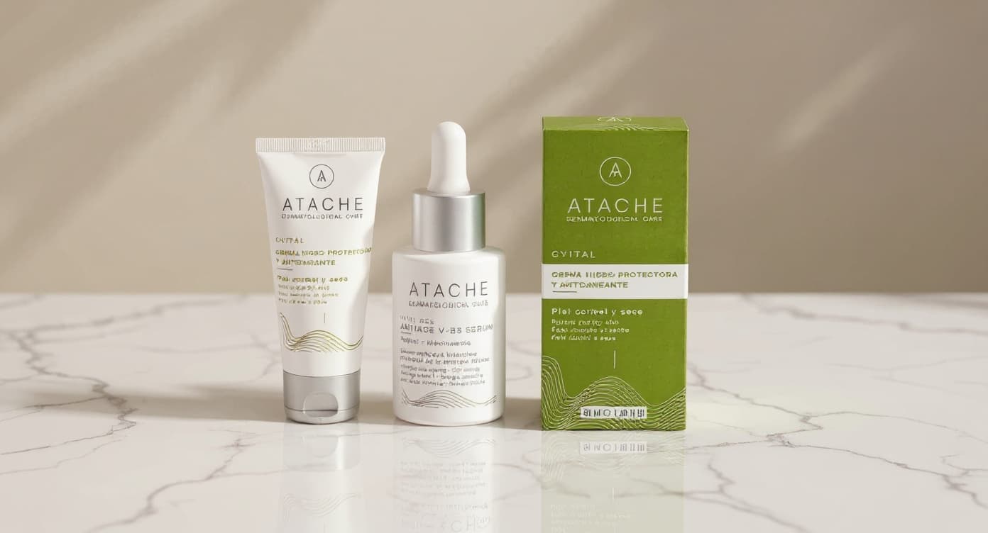 Dos frascos de dermocosmética con niacinamida y crema con ceramidas sobre superficie de mármol blanco, con luz natural suave