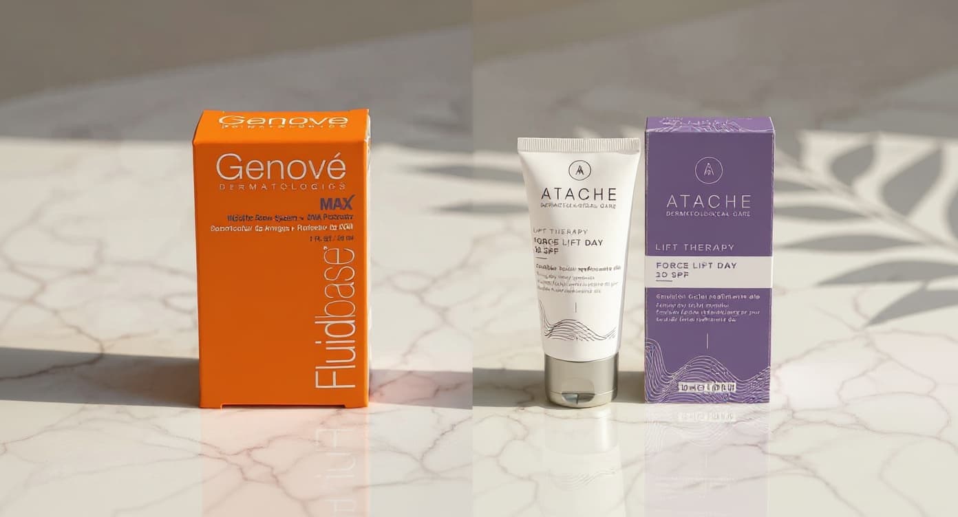 Sérum con niacinamida junto a frasco de péptidos sobre superficie de mármol blanco bajo luz natural suave