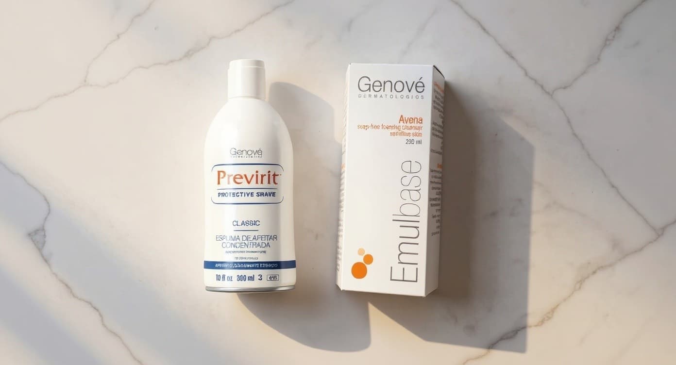 Sérum y crema hidratante sobre mármol blanco junto a hojas de centella asiática y avena bajo luz natural difusa