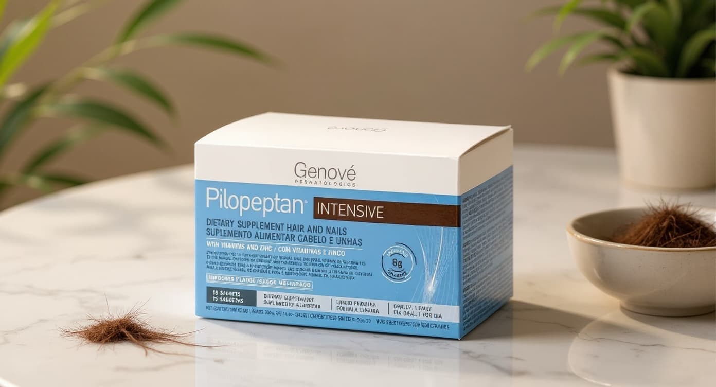 Sobre de Pilopeptan Intensive de Genovè sobre superficie de mármol blanco junto a mechones de cabello y hojas verdes desenfocadas