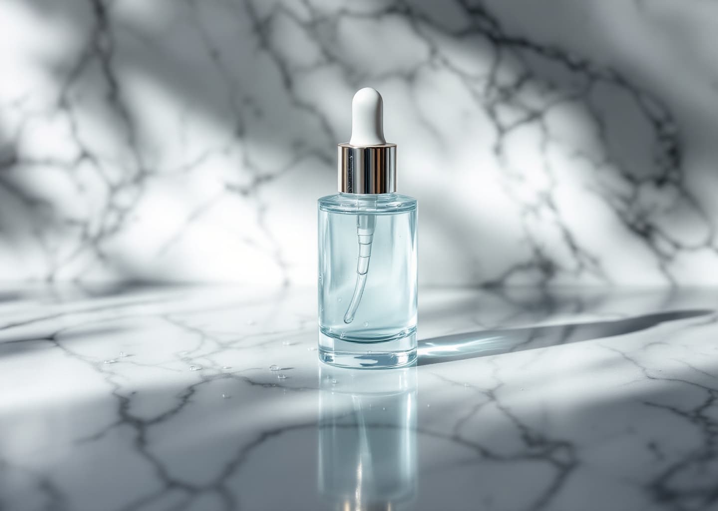 Serum transparente sobre mármol blanco junto a gotero de vidrio y ramita de eucalipto bajo luz suave natural
