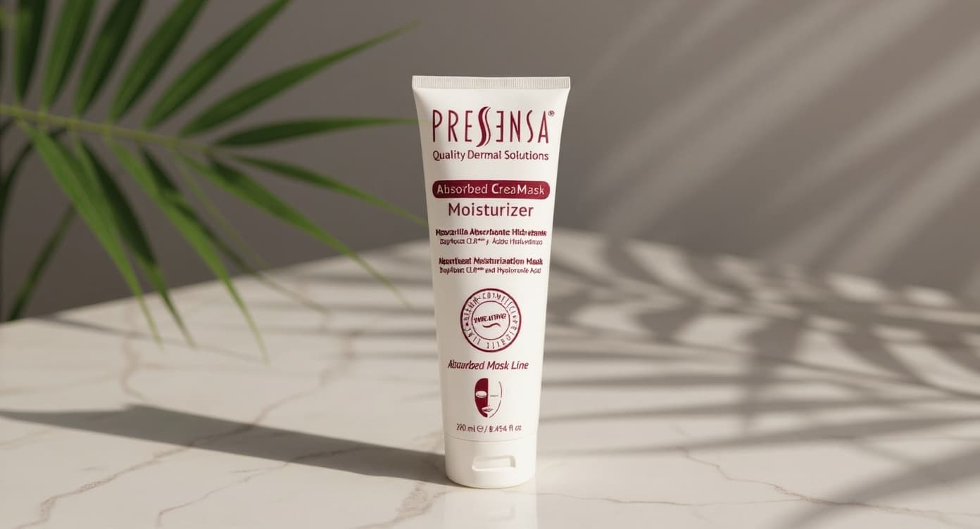 Frasco de mascarilla facial Absorbed CreaMask de Pressensa sobre superficie de mármol blanco con luz natural cálida