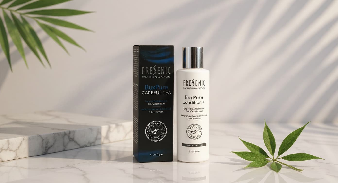 Frasco blanco de leche limpiadora Pressensa DeePure sobre superficie de marmol blanco con sombra suave de hoja tropical