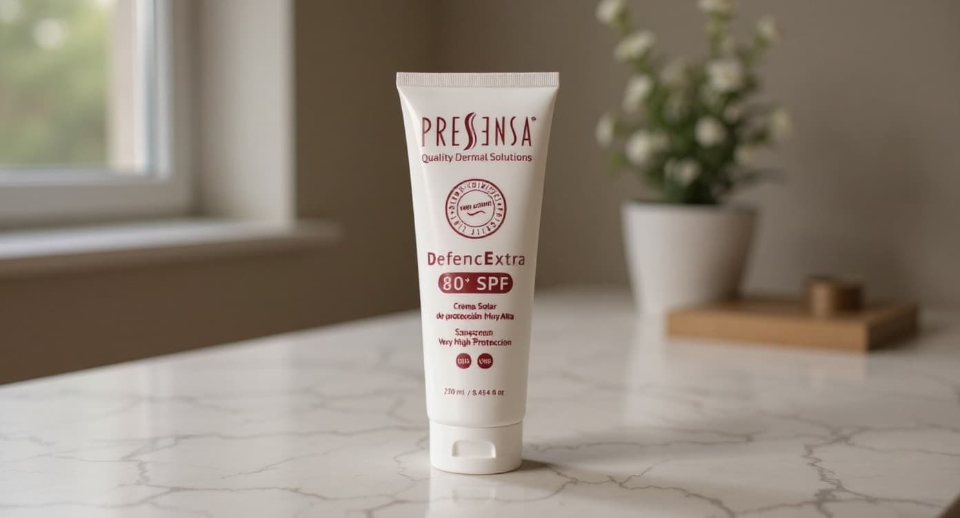Frasco crema solar Pressensa DefencExtra 80+ Color con acabado pigmentado sobre superficie de marmol blanco bajo luz natural difusa