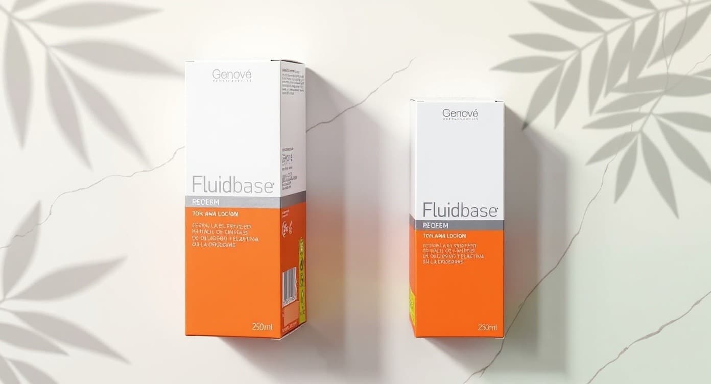 Frasco de retinol y frasco de loción con ácido glicólico sobre superficie de mármol blanco con luz natural cálida