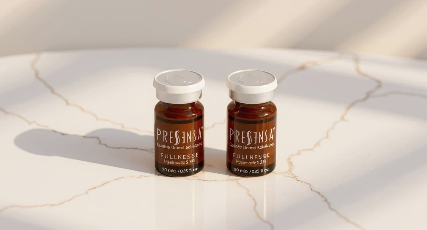 Dos frascos de sérum dermocosmético sobre superficie de mármol blanco con luz natural cálida, uno más pequeño para retinol y otro más grande con ácido hialurónico