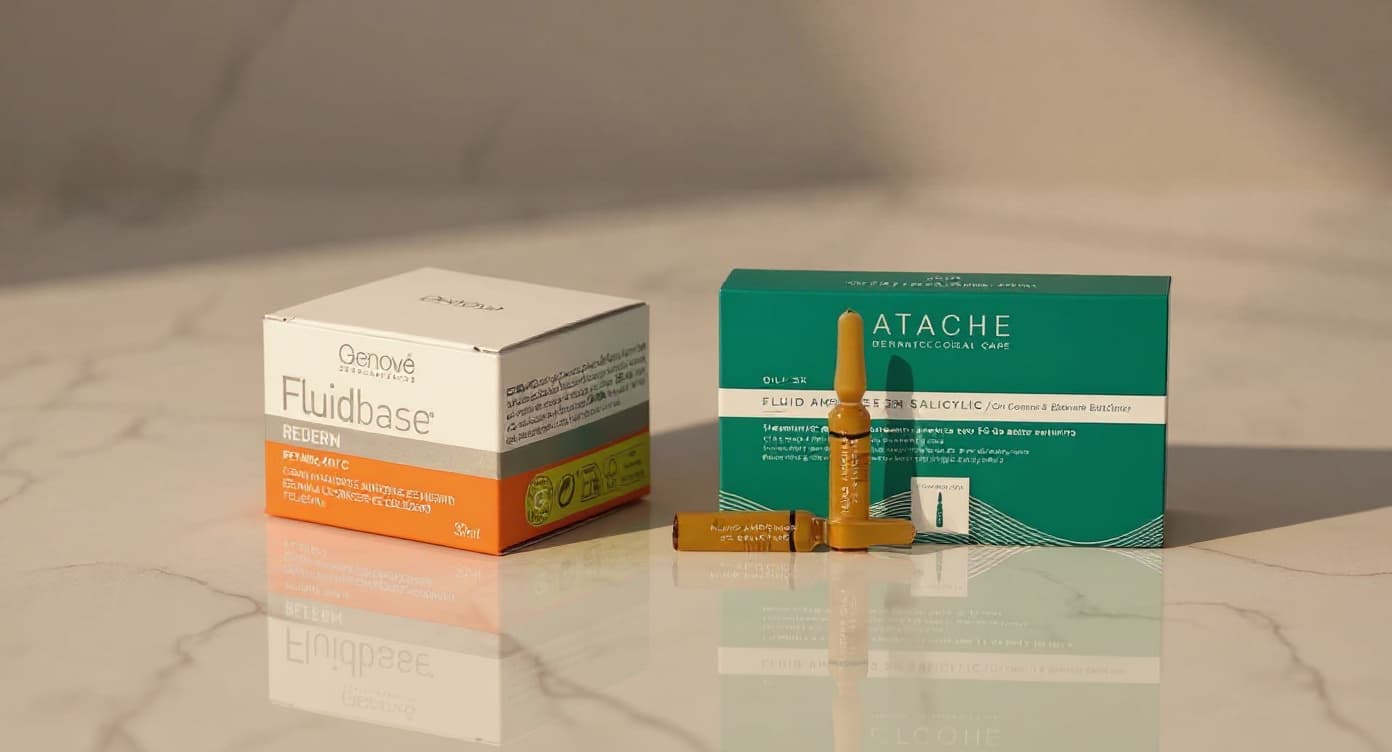Ampolla de ácido salicílico Atache y frasco Fluidbase Retinol Genovè sobre mármol blanco bajo luz natural.