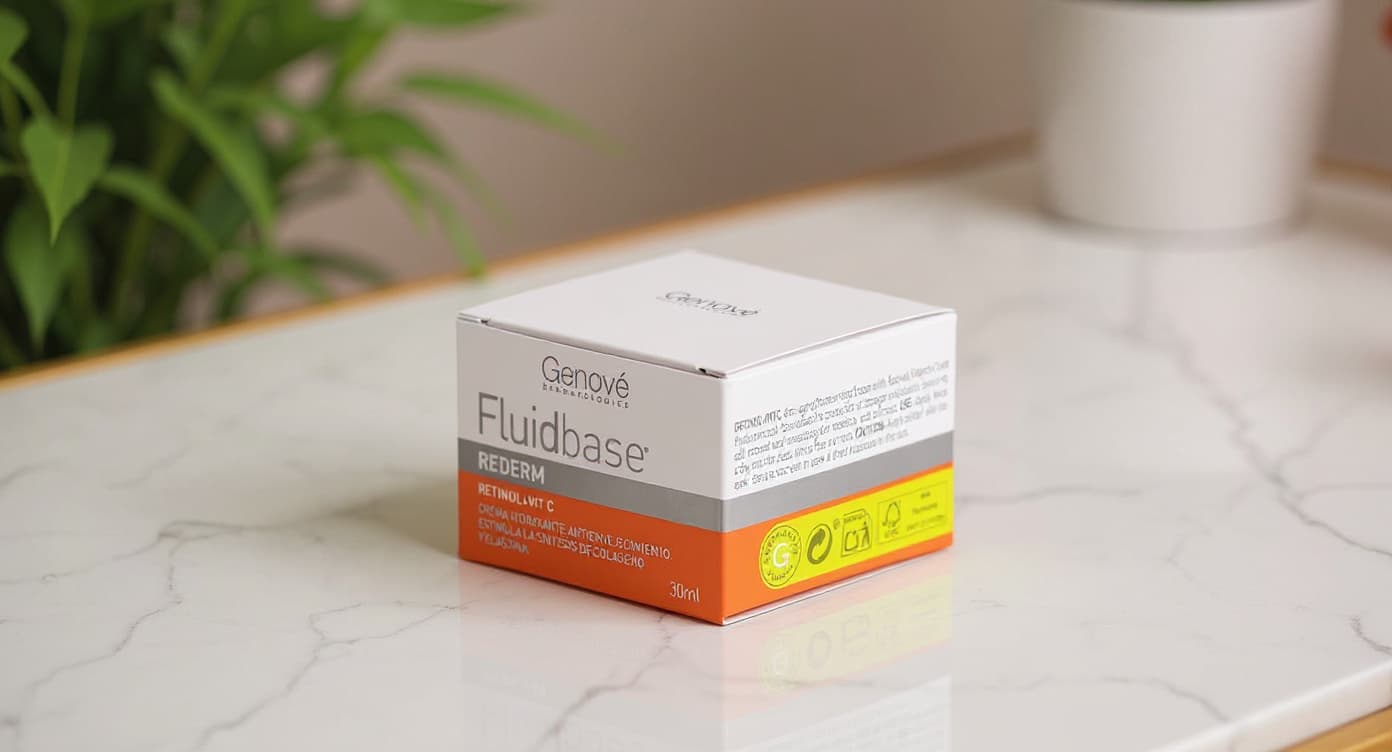 Frasco de retinol junto a serum de centella asiática sobre superficie de mármol blanco con luz natural suave