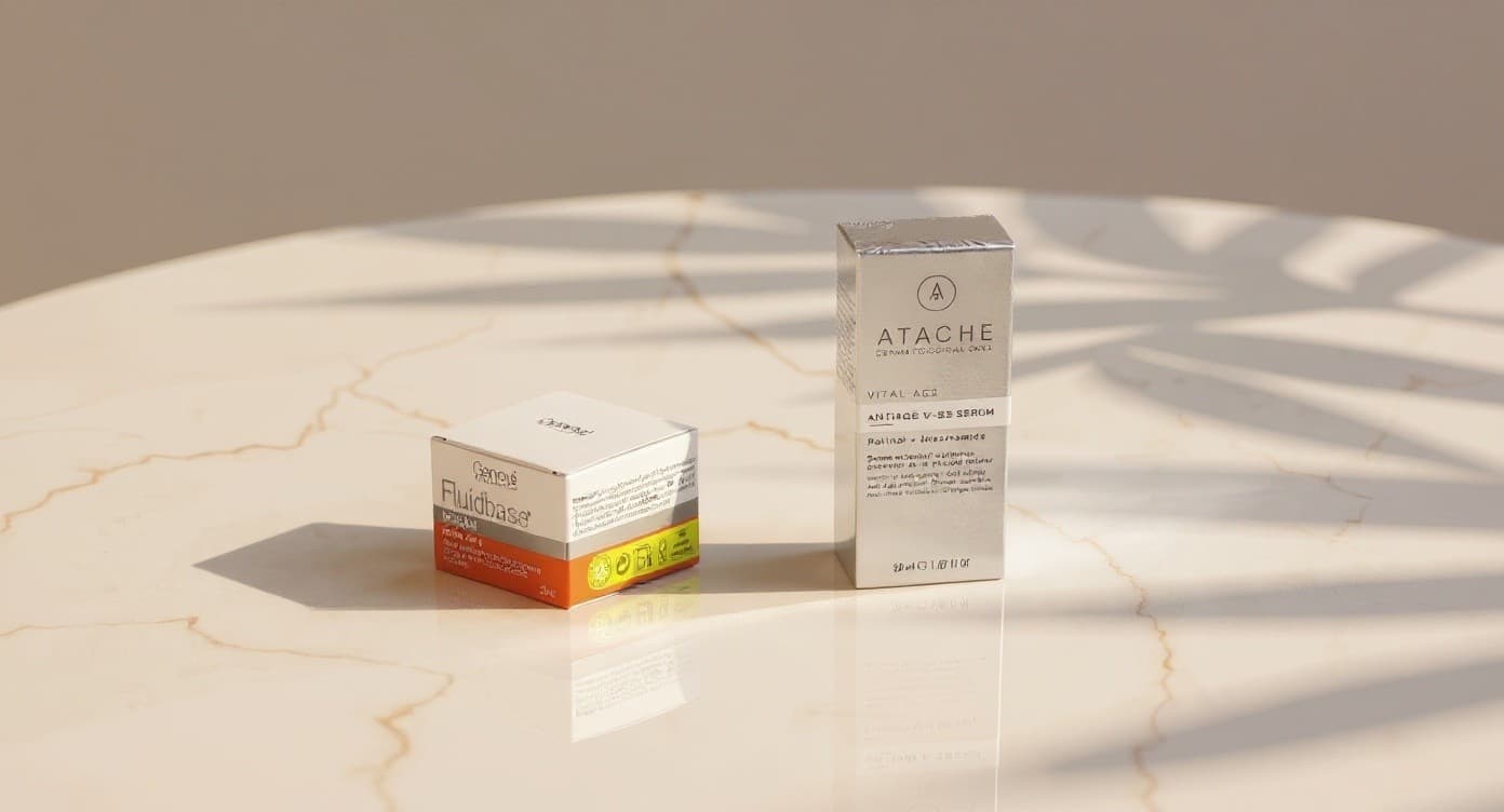 Dos sérums de skincare side by side sobre superficie de mármol blanco con luz natural suave, estética editorial dermocosmética europea