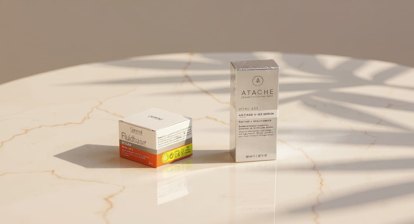 Dos sérums de skincare side by side sobre superficie de mármol blanco con luz natural suave, estética editorial dermocosmética europea