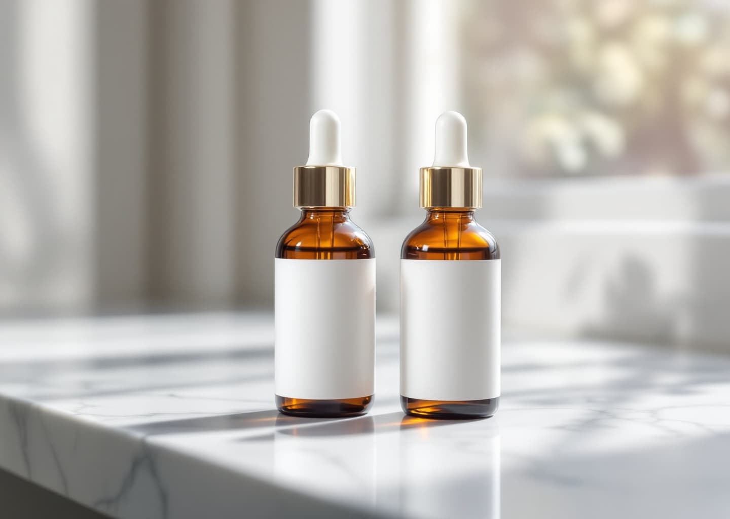 Dos sérums de skincare side by side sobre superficie de mármol blanco con luz natural suave, estética editorial dermocosmética europea