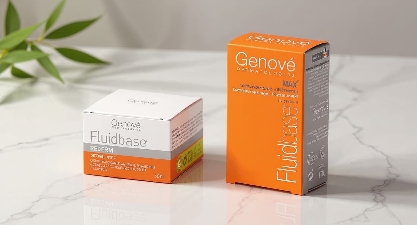 Frasco de sérum con péptidos y frasco de retinol sobre superficie de mármol blanco, iluminados con luz natural cálida.