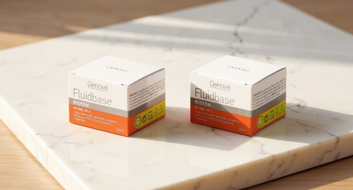 Frasco de sérum de retinol y sérum de vitamina C lado a lado sobre superficie de mármol blanco con luz natural suave