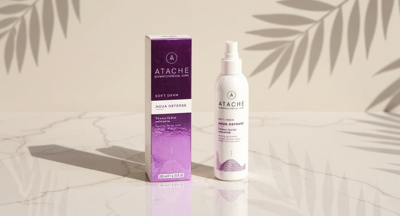 Frascos de serum hidratante y tonico facial sobre superficie de marmol blanco con gotas de agua, escena editorial de skincare bajo luz natural suave
