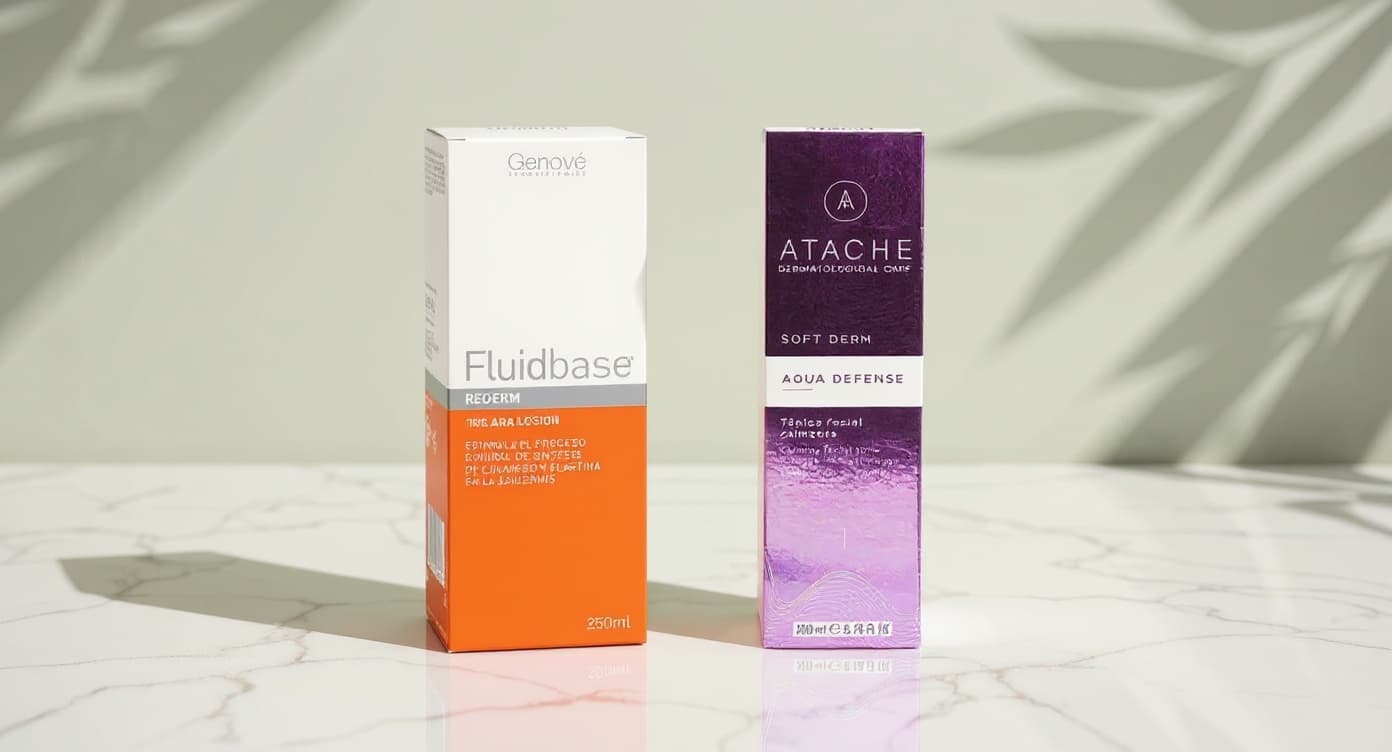 Frasco cuentagotas ambar con serum sobre marmol blanco, particulas brillantes de silice y luz natural suave