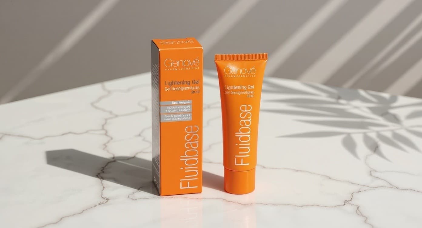 Sérum de vitamina C y gel despigmentante con arbutina sobre superficie de mármol blanco con luz natural cálida