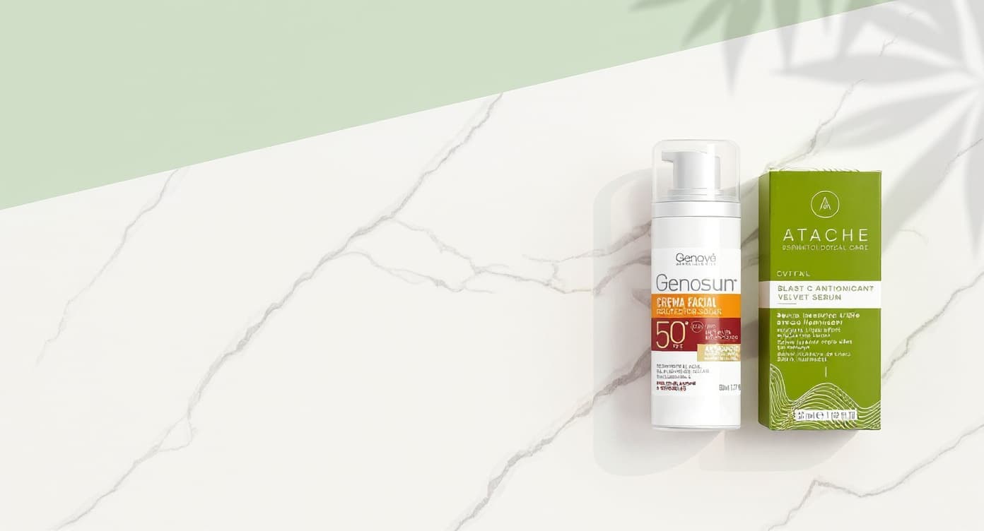 Sérum antioxidante de vitamina C y protector solar con astaxantina sobre superficie de mármol blanco bajo luz natural cálida