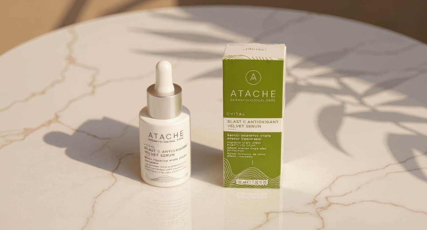Sérum de vitamina C Blast C y sérum de niacinamida V B3 de Atache sobre superficie de mármol blanco bajo luz natural