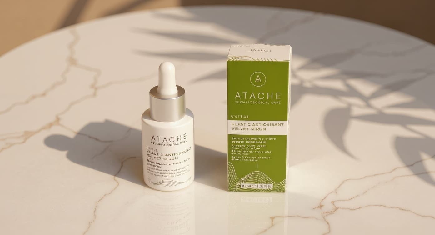 Sérum de vitamina C Blast C y sérum de niacinamida V B3 de Atache sobre superficie de mármol blanco bajo luz natural
