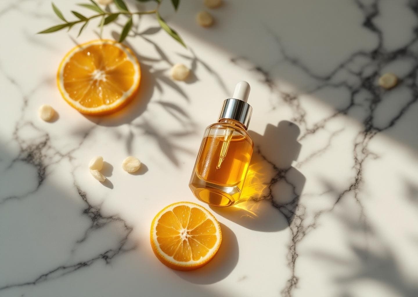 Frasco de sérum vitamina C cristalino con textura sedosa fluyendo de la pipeta dosificadora