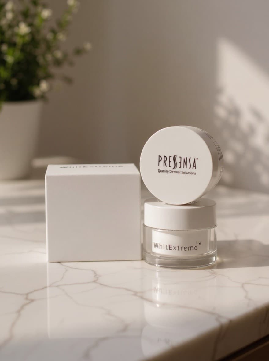Crema WHITEXTREME de Pressensa en envase blanco sobre lino crudo con polvo despigmentante esparcido